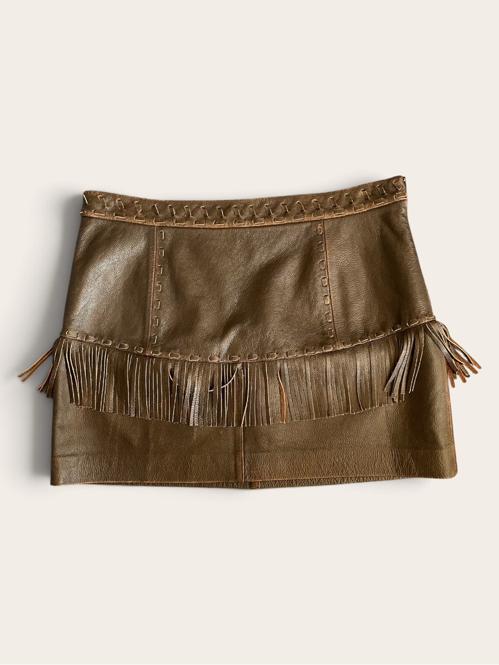 Banana Republic Brown Cow Leather, Fringe Mini Skirt, size 13